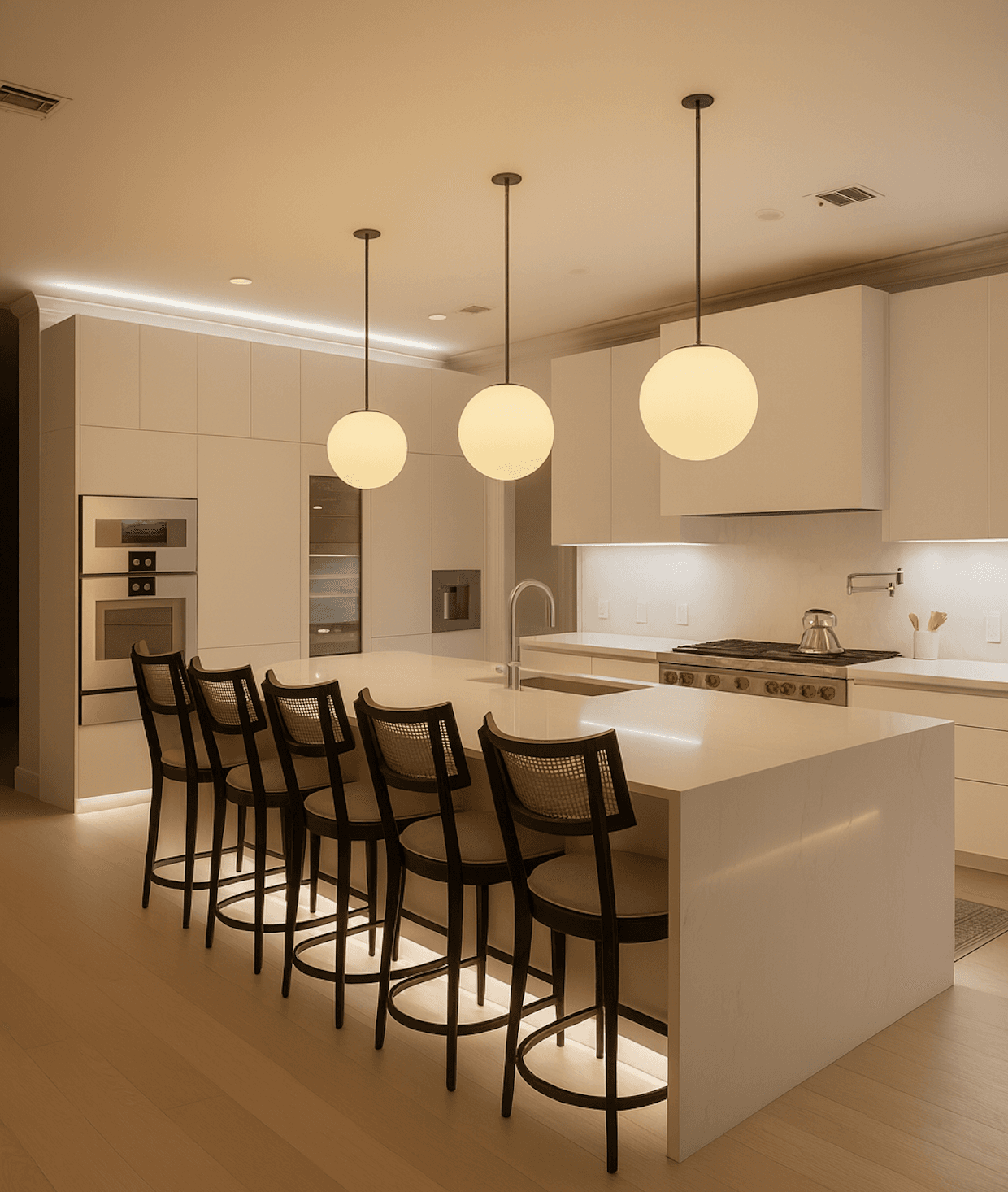 White island kitchen at night — three globe pendants, cane-back stools, warm under-cabinet and toe-kick light
