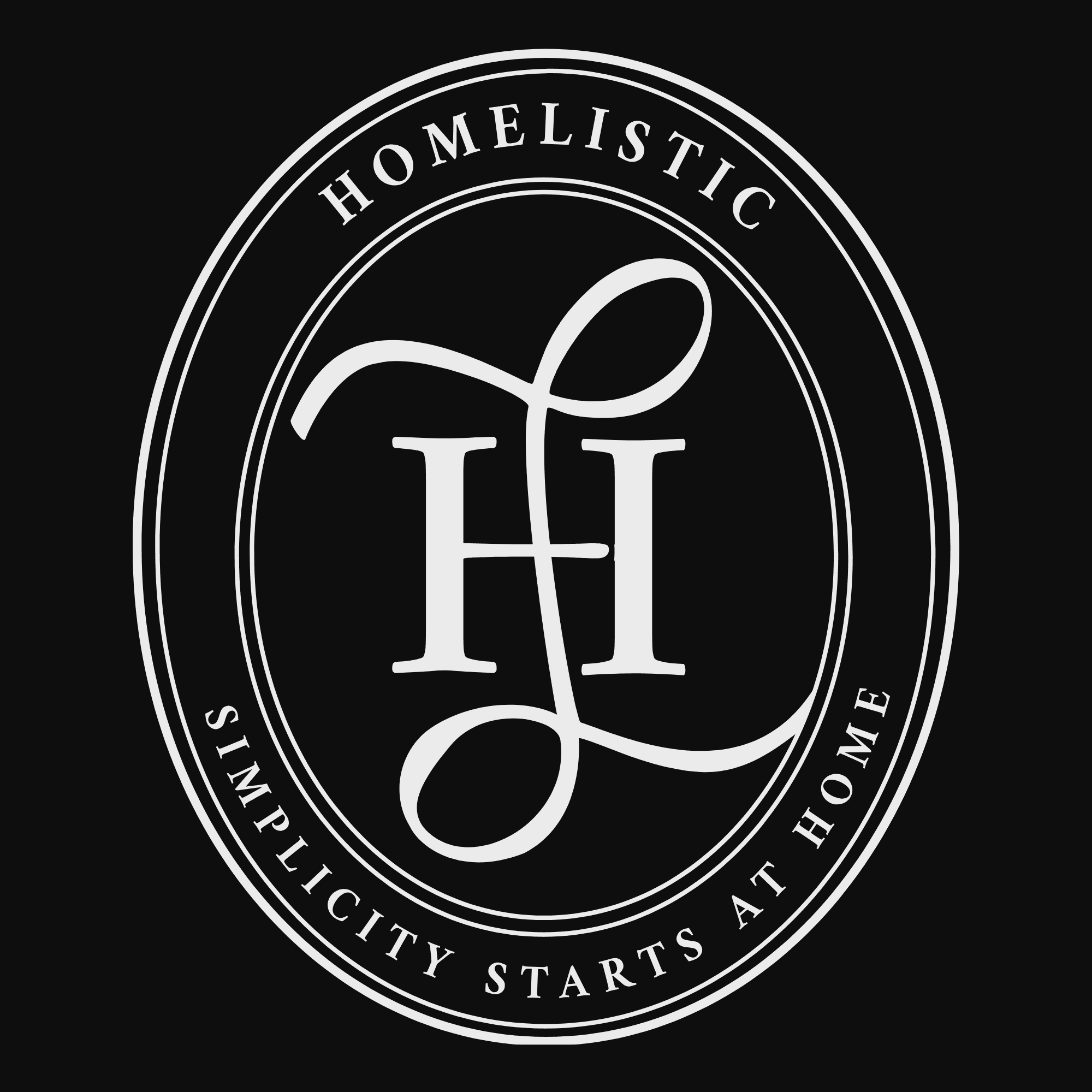 Homelistic primary emblem in white — interlocking HL monogram inside an oval seal reading Homelistic, Simplicity starts at home