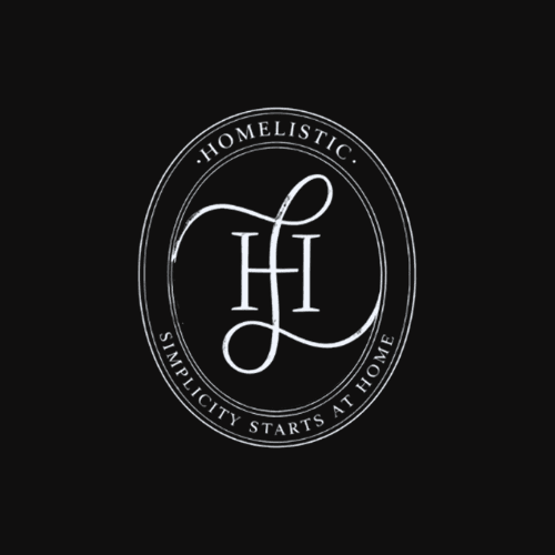 Homelistic monogram lockup in white — the HL cipher with the brand name and tagline