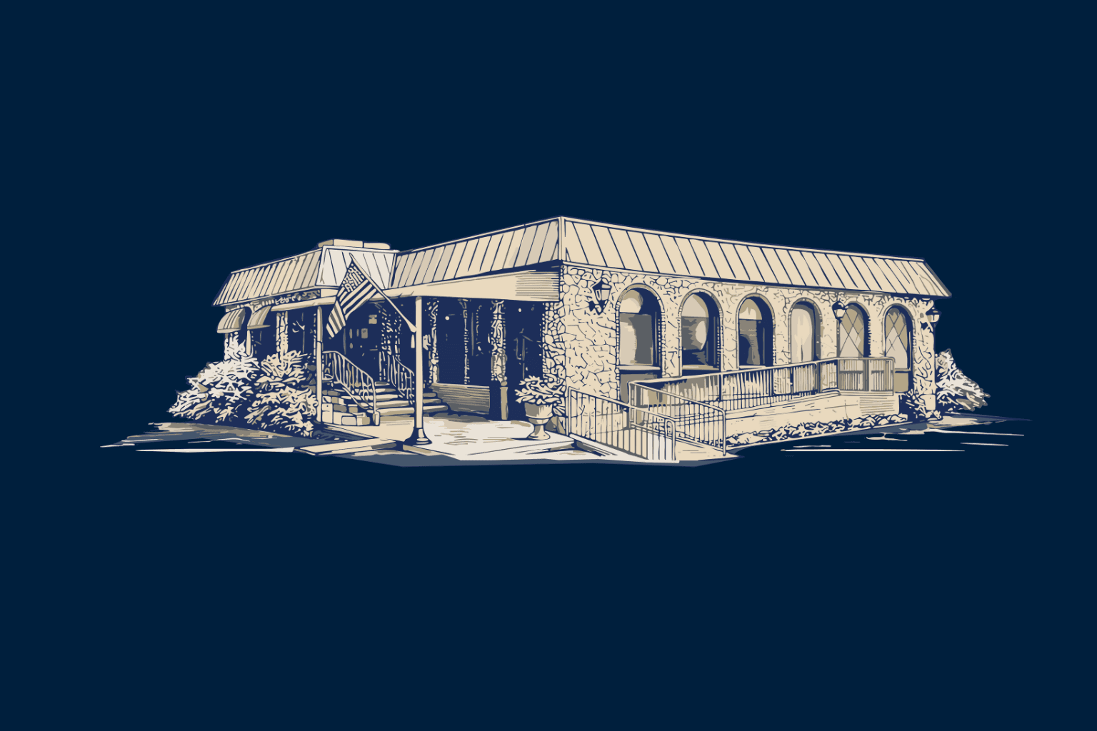 Cream-and-gold line illustration of the KAZ Americana diner on a navy ground