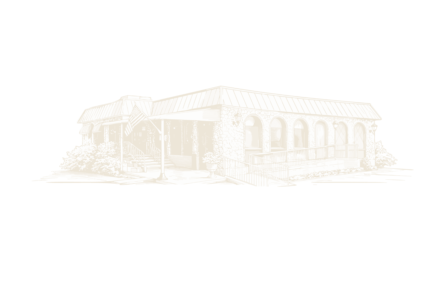 Pen illustration of the KAZ Americana diner building, rendered light on the dark ground