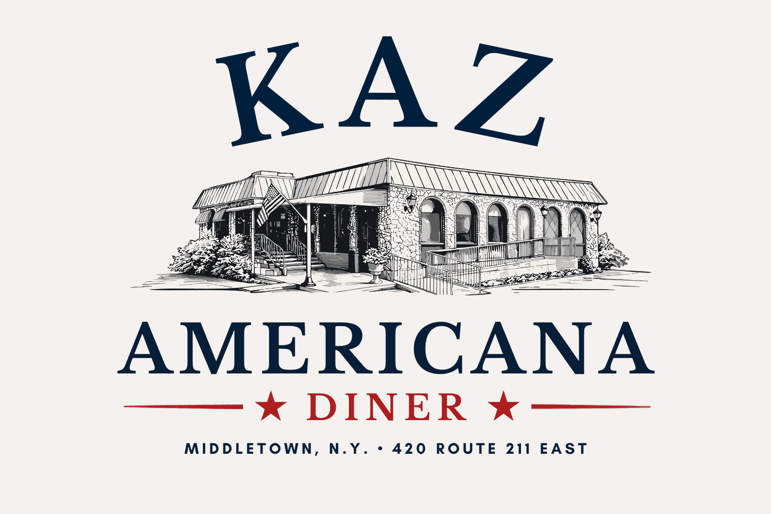 KAZ Americana logo on a cream ground — navy wordmark, building illustration, and a red 'DINER' banner with the Middletown address