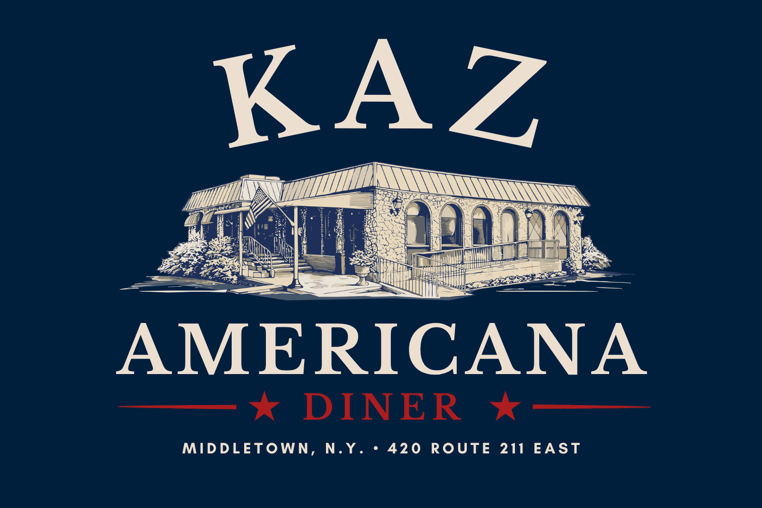 KAZ Americana Diner logo — cream serif wordmark and a navy line-drawing of the diner on a deep navy field, with a red 'DINER' banner