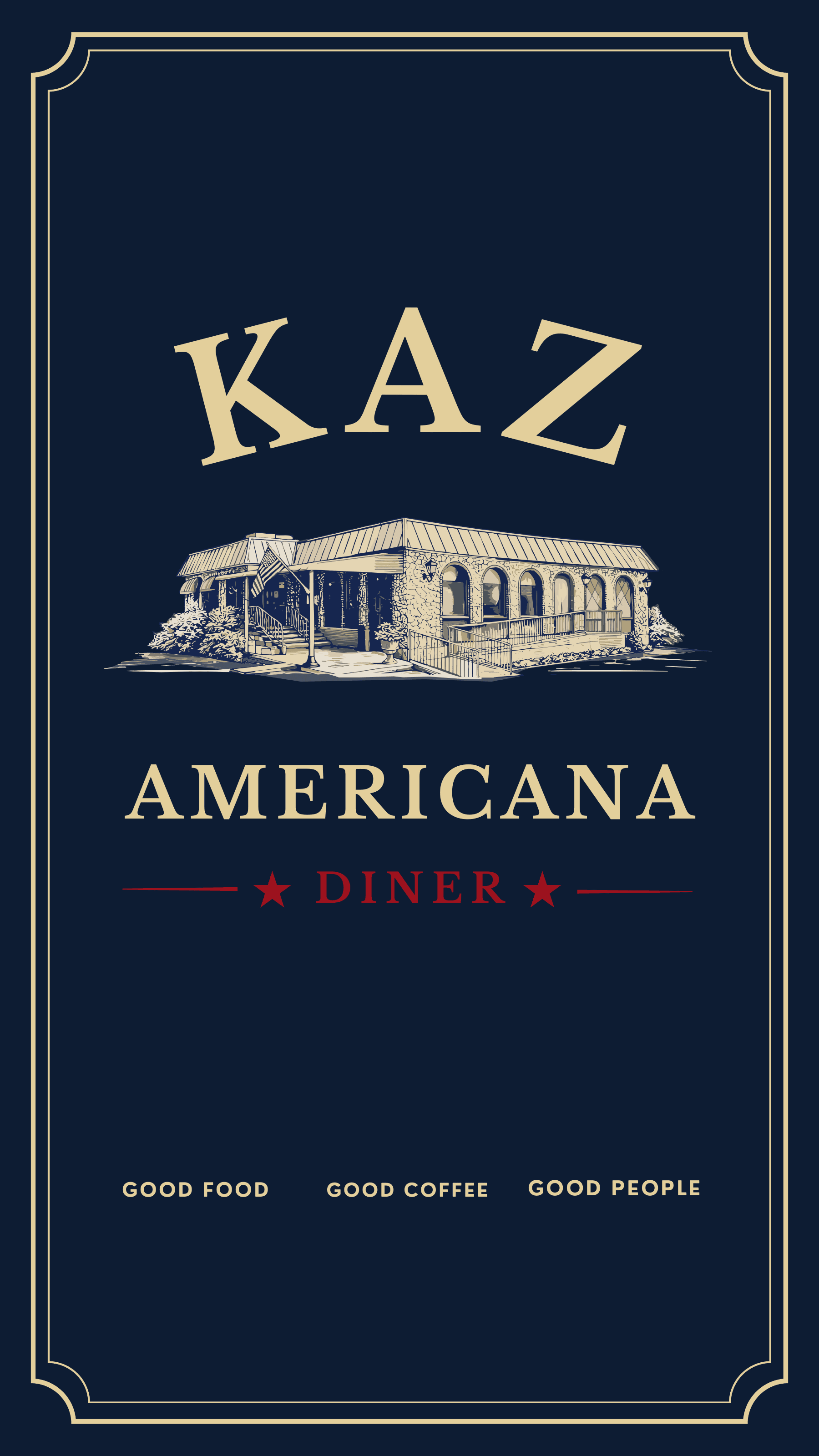 KAZ Americana menu cover — cream wordmark and building illustration on navy, with 'Good food, good coffee, good people' set below
