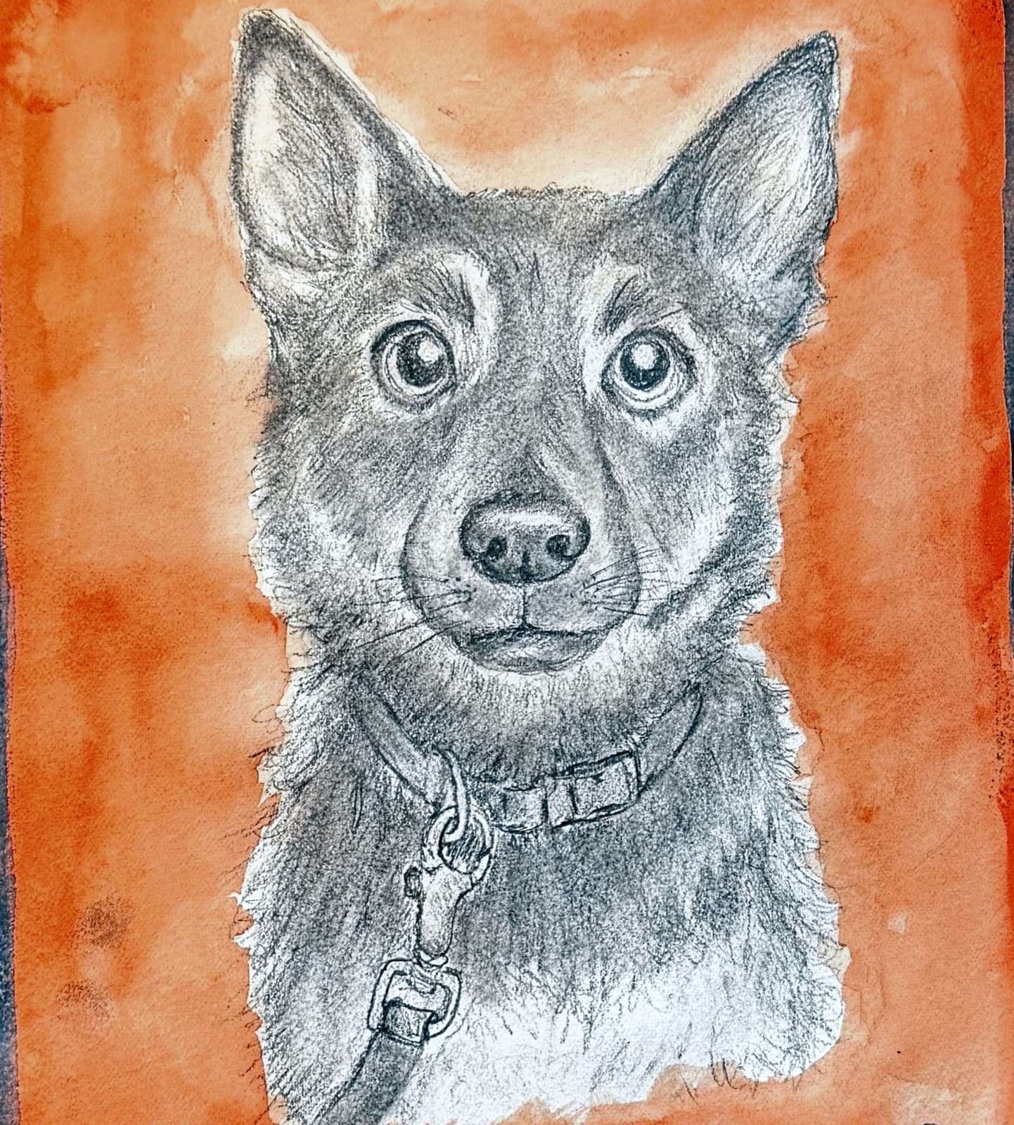 Pencil-and-watercolor portrait of a shepherd on a warm orange wash