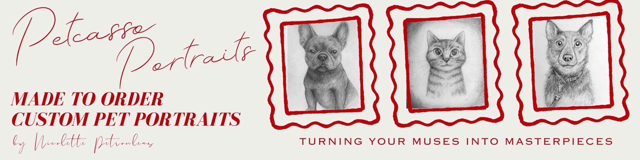 Petcasso Portraits shop banner — made-to-order custom pet portraits, turning your muses into masterpieces