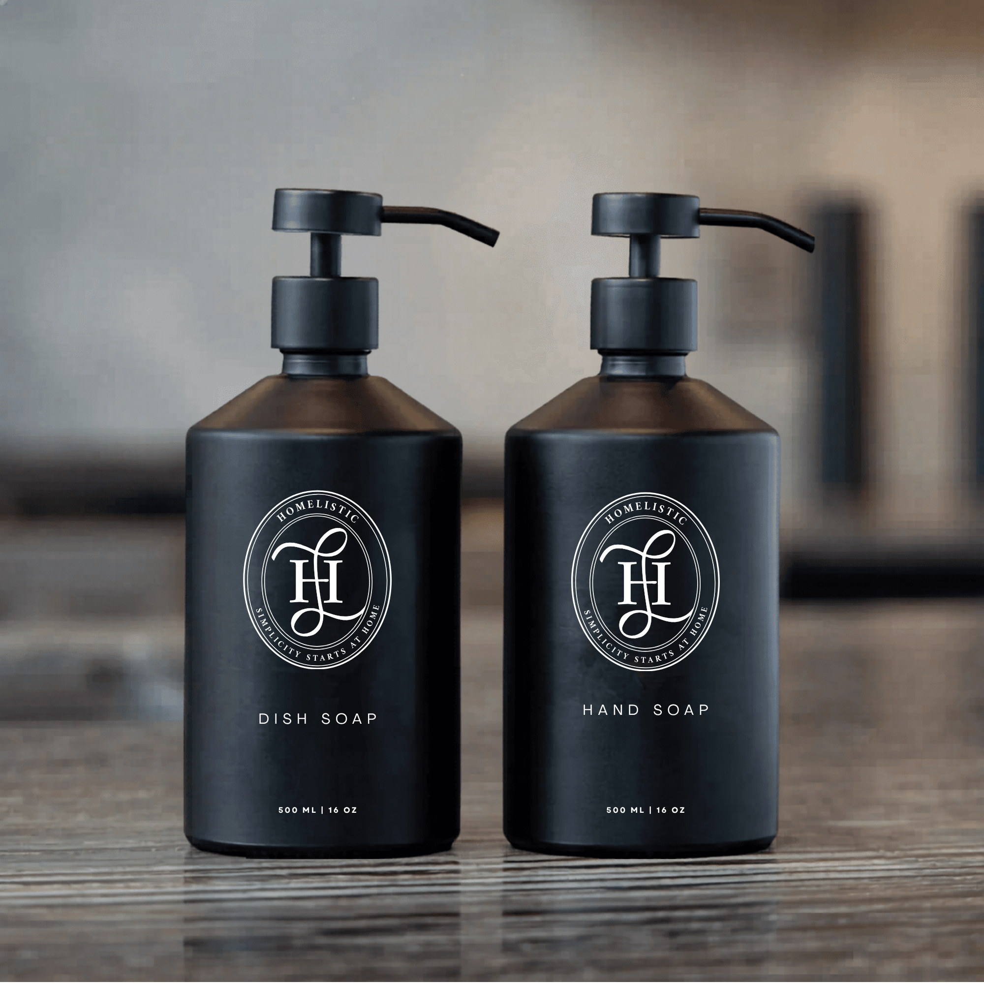 Homelistic matte-black soap bottles — brand identity and packaging
