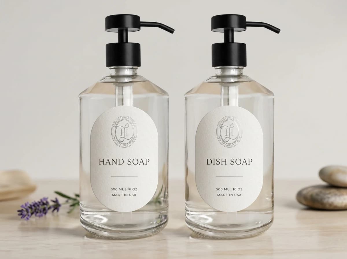 Homelistic hand soap and dish soap pair in clear glass with black pumps — the seal on oval labels, staged in daylight with lavender and stone