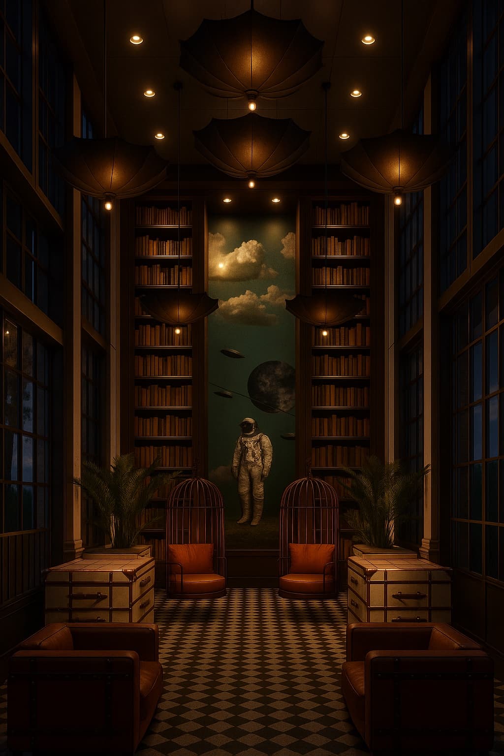 Surreal library-atrium rendering — tall bookshelves, sky mural, floating figure