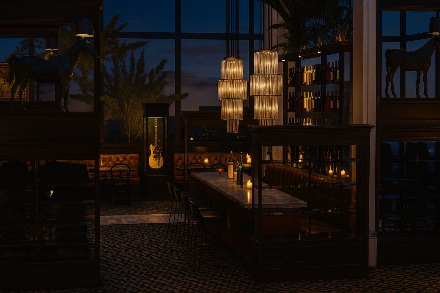 Twilight bar lounge rendering — marble bar, cascading chandeliers, garden view