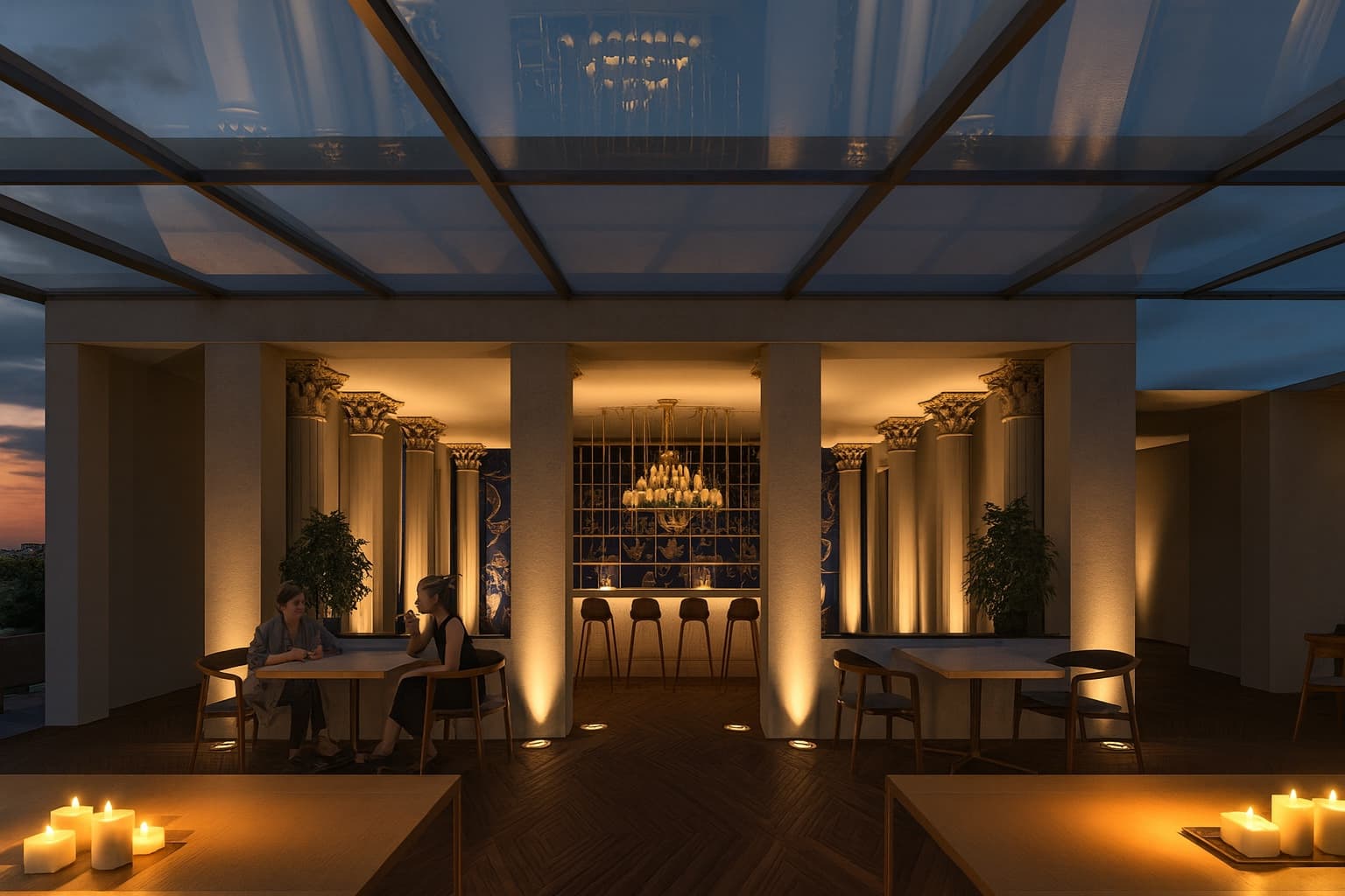 Terrace bar rendering — classical columns, glass canopy, candlelit tables