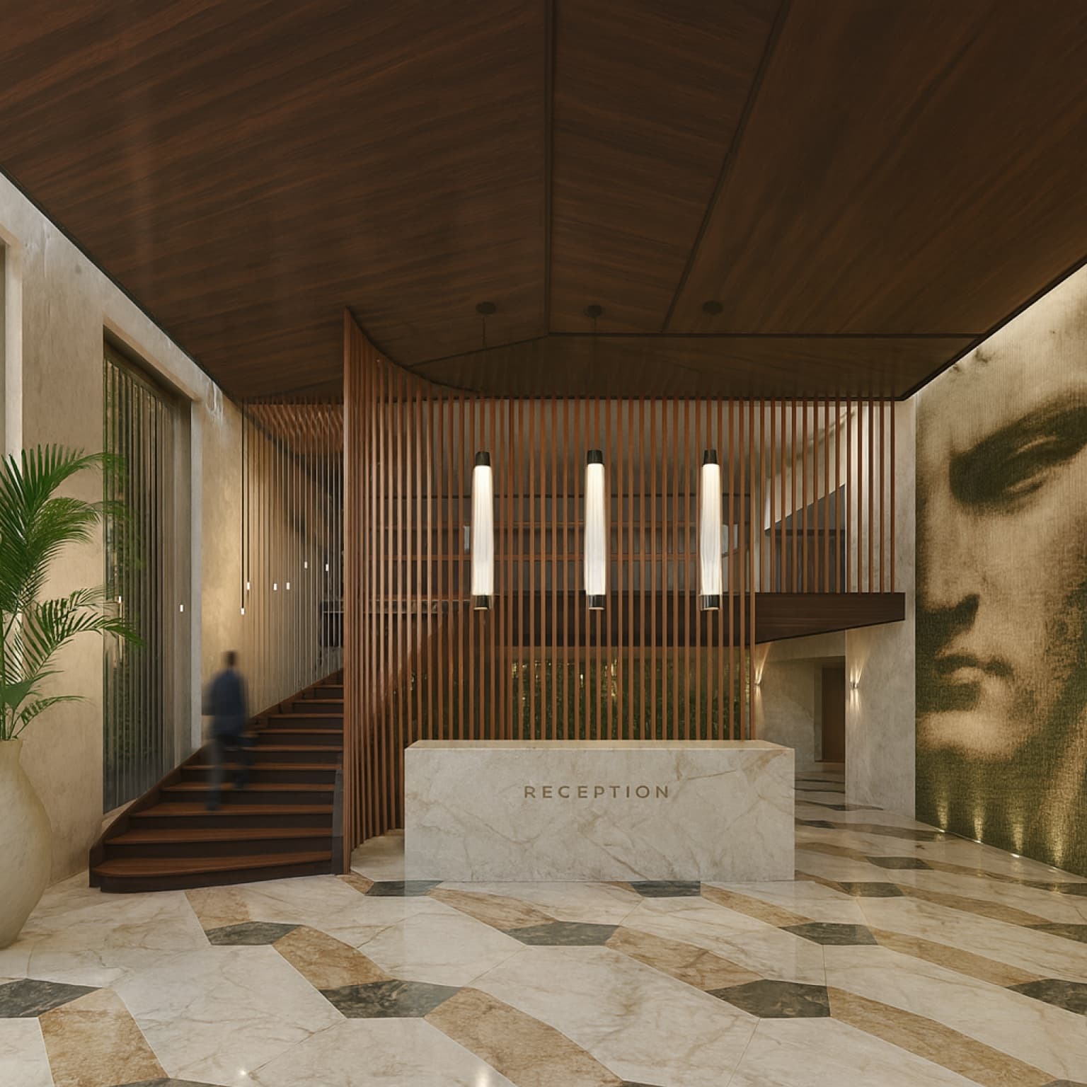 Hospitality reception rendering — marble desk, wood-slat screen, classical mural, patterned marble floor
