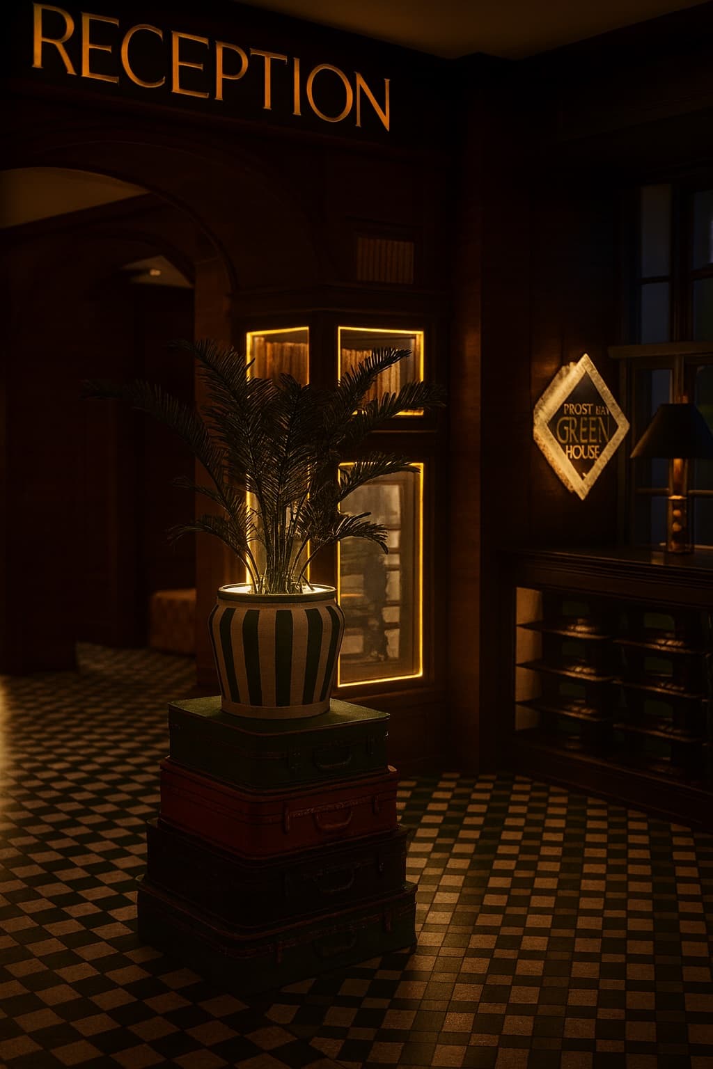 Reception rendering — gold signage, striped urn on stacked trunks, checkered floor