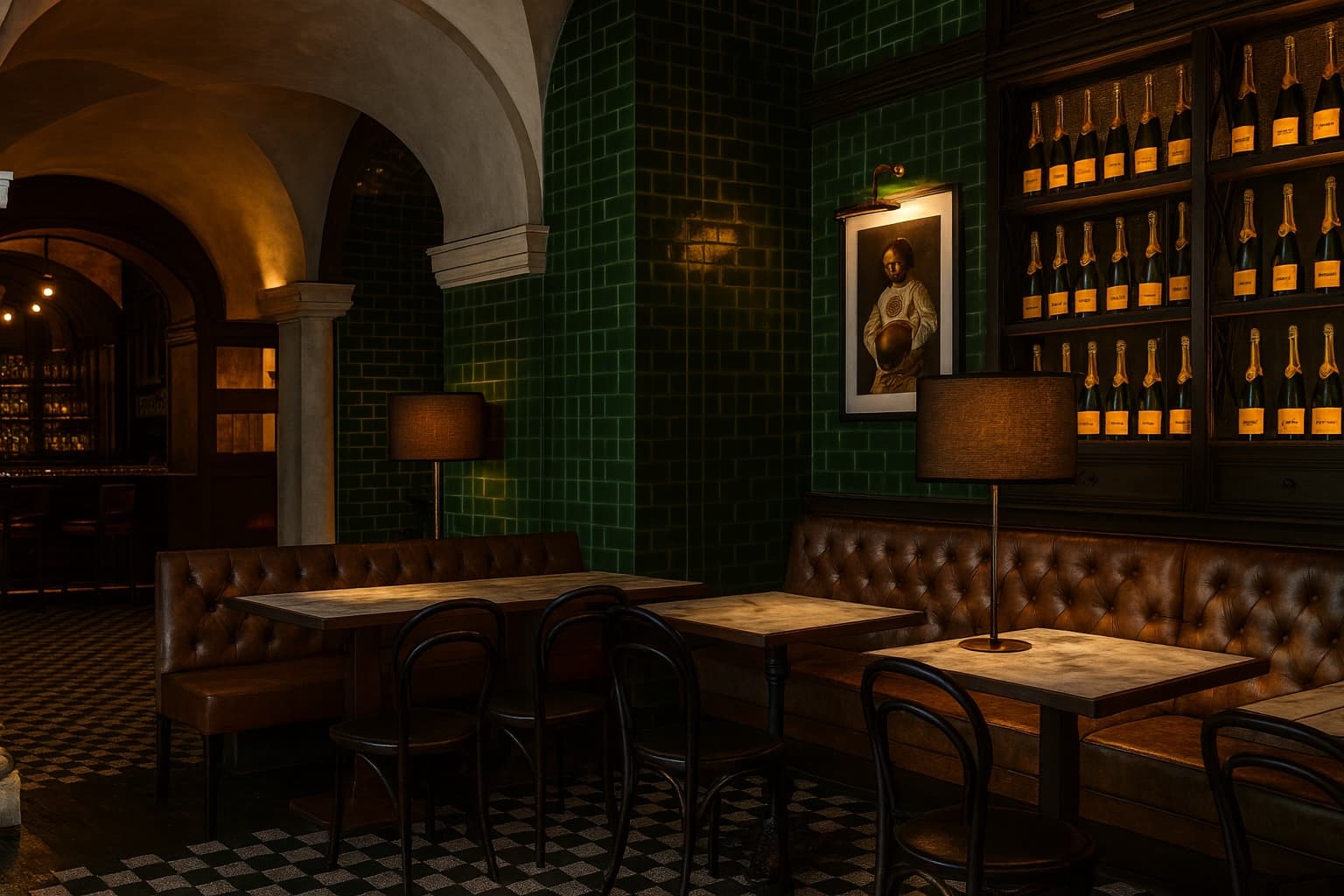 Restaurant rendering — green subway tile, vaulted plaster, leather banquettes, champagne wall