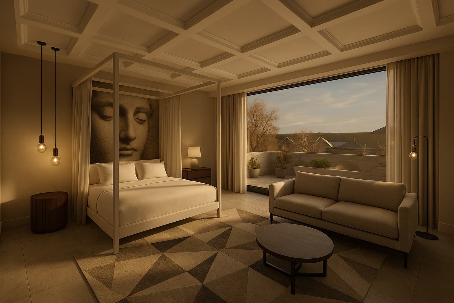 Golden-hour bedroom rendering — canopy bed, classical mural, terrace view