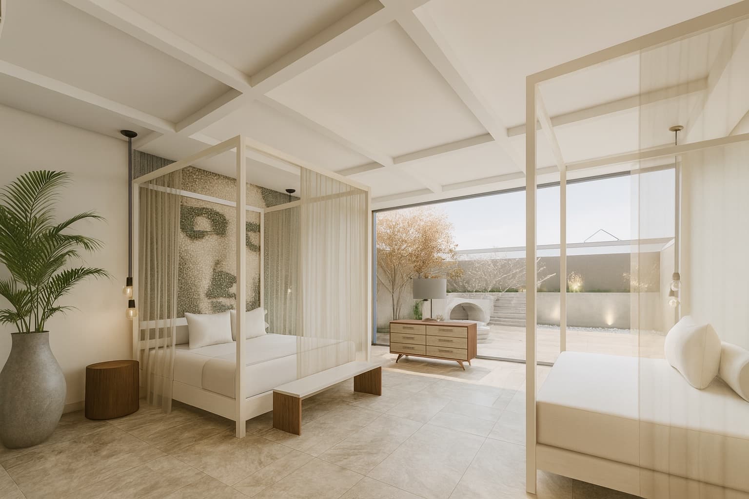 Bright bedroom rendering — canopy beds, mosaic mural, terrace
