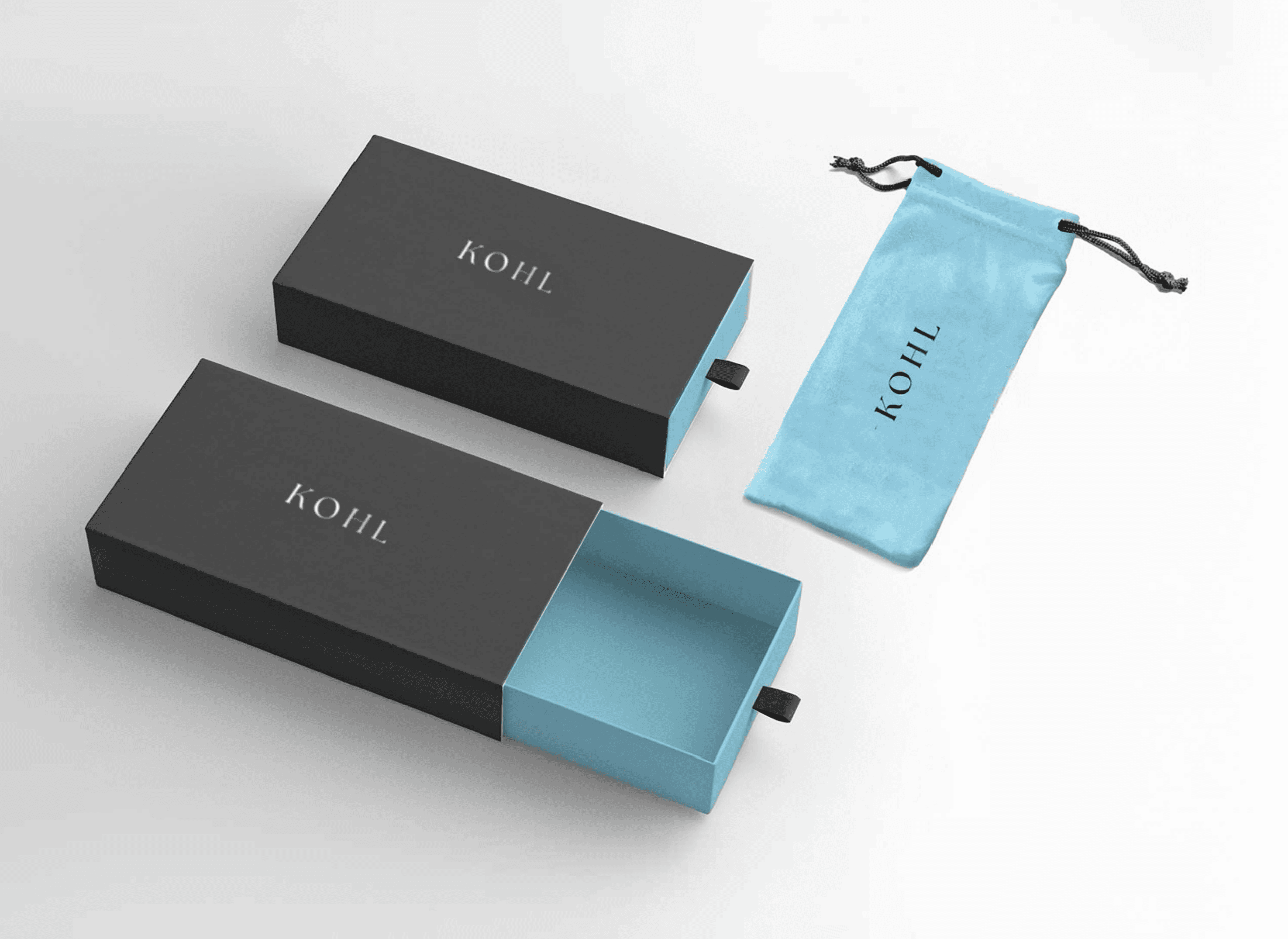 KOHL packaging — a charcoal slide box opened to reveal a soft-blue interior, with a matching blue microfiber pouch