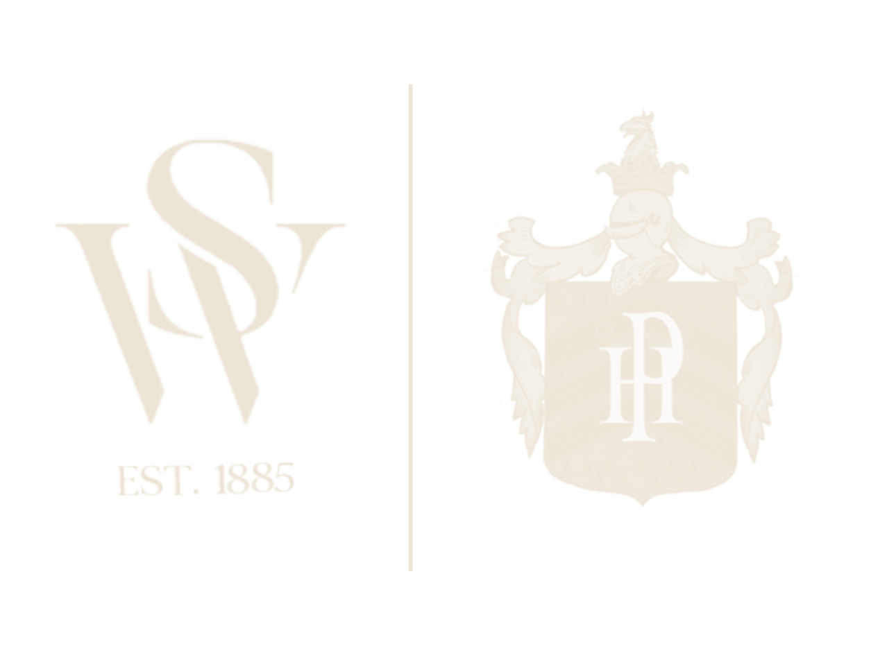 Southwesterly's WS monogram and the Plumstead PH heraldic crest, in marble on the dark ground