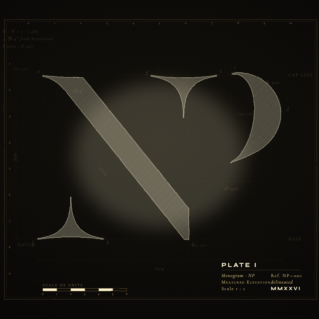 The NP monogram drawn as a measured architectural elevation — the resolved mark with faint survey residue