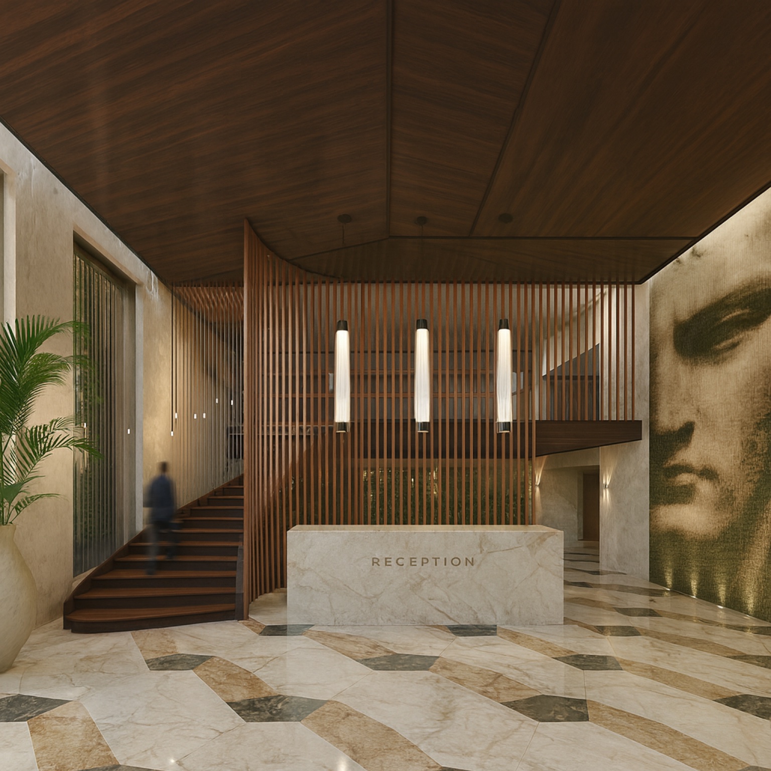 Hospitality reception rendering — marble desk, wood screen, classical mural