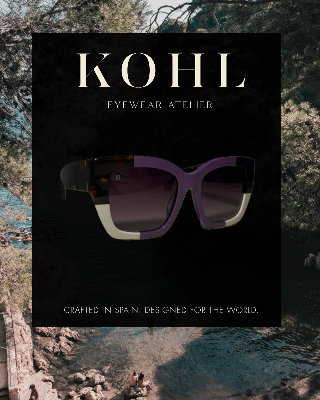 KOHL eyewear campaign poster — purple-and-cream frames on a dark Mediterranean cove