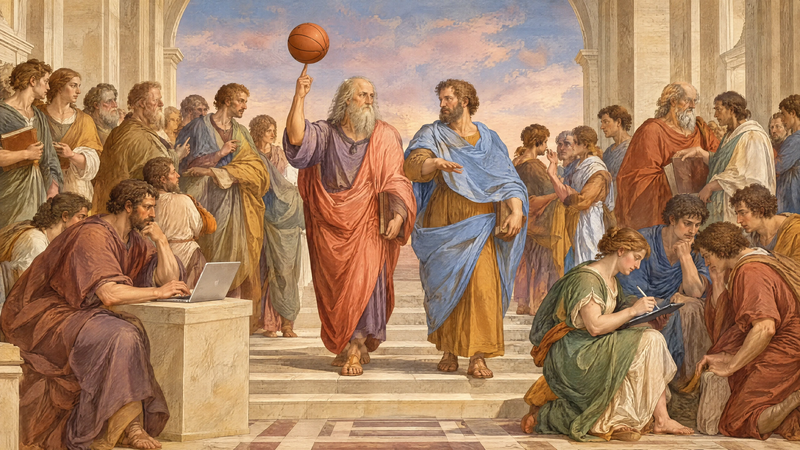 A contemporary interpretation of Raphael’s School of Athens: Plato balances a basketball on his raised finger beside Aristotle, while scholars work with a laptop and tablet among the marble steps.